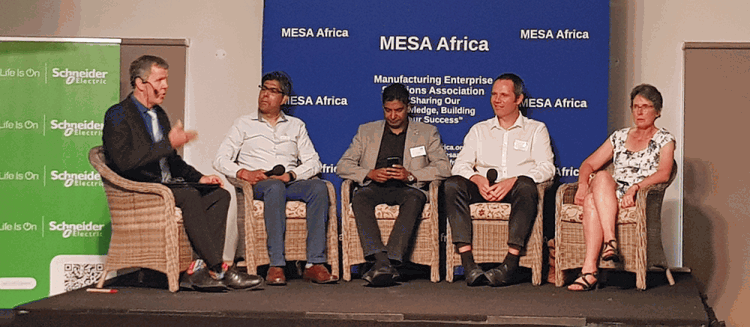 Participating in the panel discussion on Sustainable Manufacturing – Planet | People | Partnerships at the recent MESA Africa Summit from left to right: Jan Robberts, Co Founder/Director, Ki Leadership Institute; Vinesh Maharaj, Associate Director, Smart Manufacturing – PwC South Africa; Dhevan Pillay, Group CEO, LTM Energy (Pty) Ltd; Quintin McCutcheon, Global Marketing Director, Anglophone Africa, Schneider Electric; Gina Schroeder, Engineer & Lead Project Developer, LWS Family.